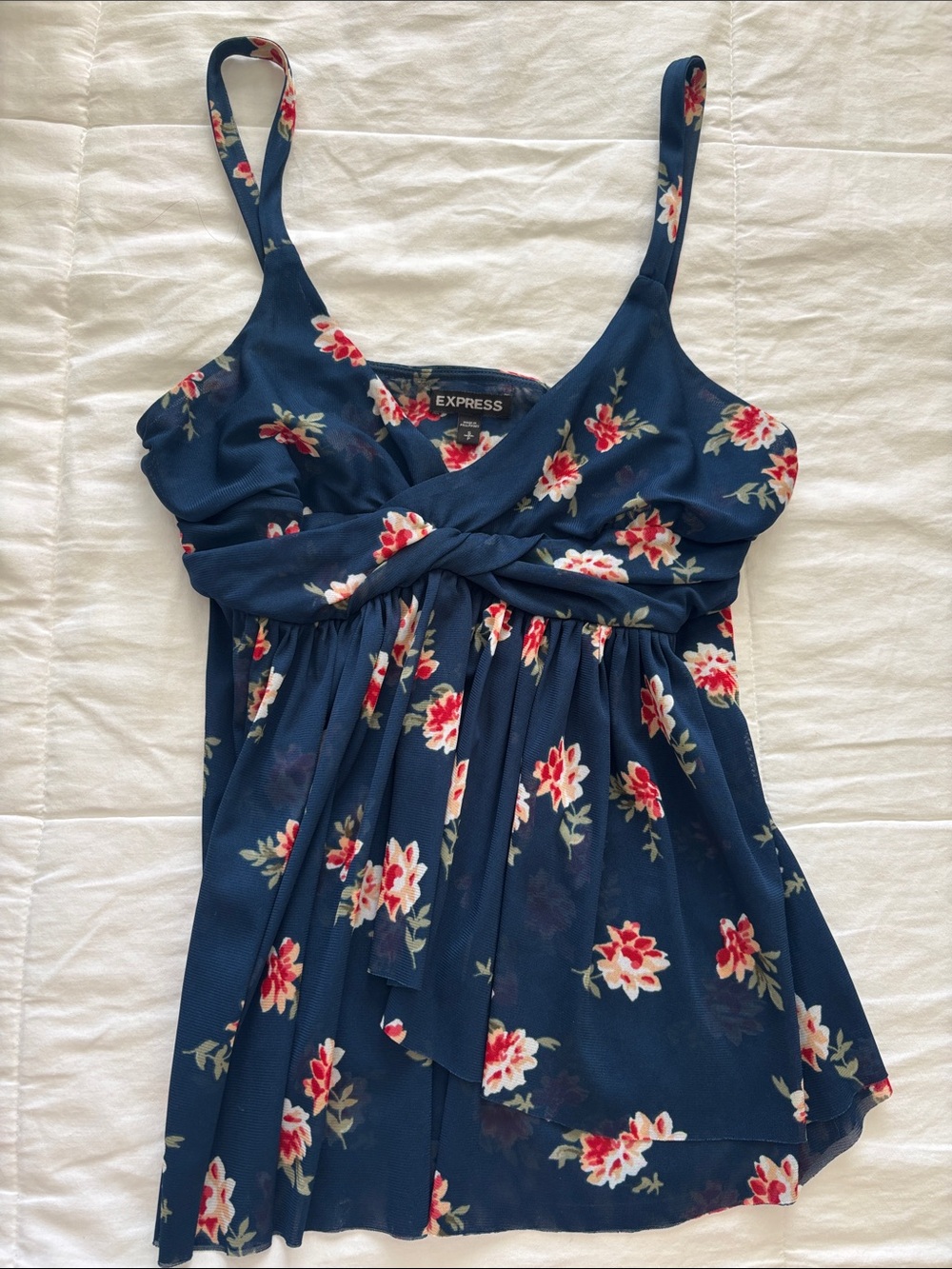 Express Blue Floral Twist-Front Flowy Tank Top - Women's S